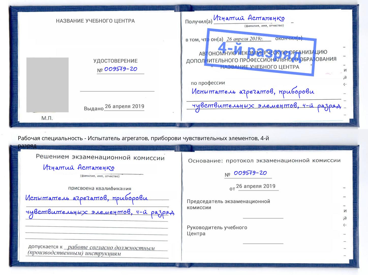 корочка 4-й разряд Испытатель агрегатов, приборови чувствительных элементов Бердск
