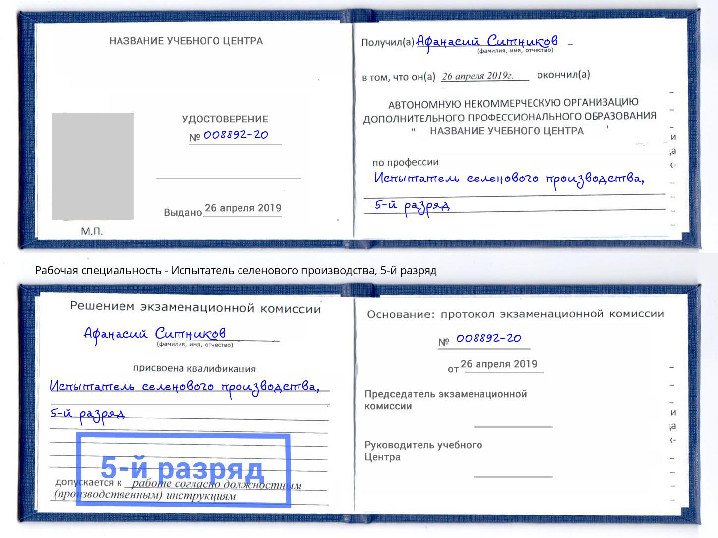 корочка 5-й разряд Испытатель селенового производства Бердск