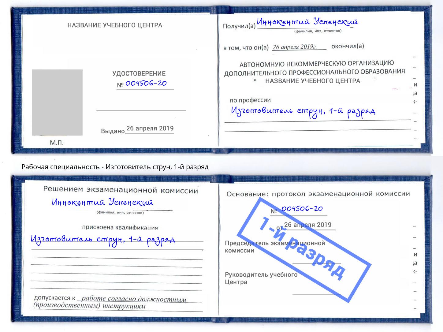 корочка 1-й разряд Изготовитель струн Бердск