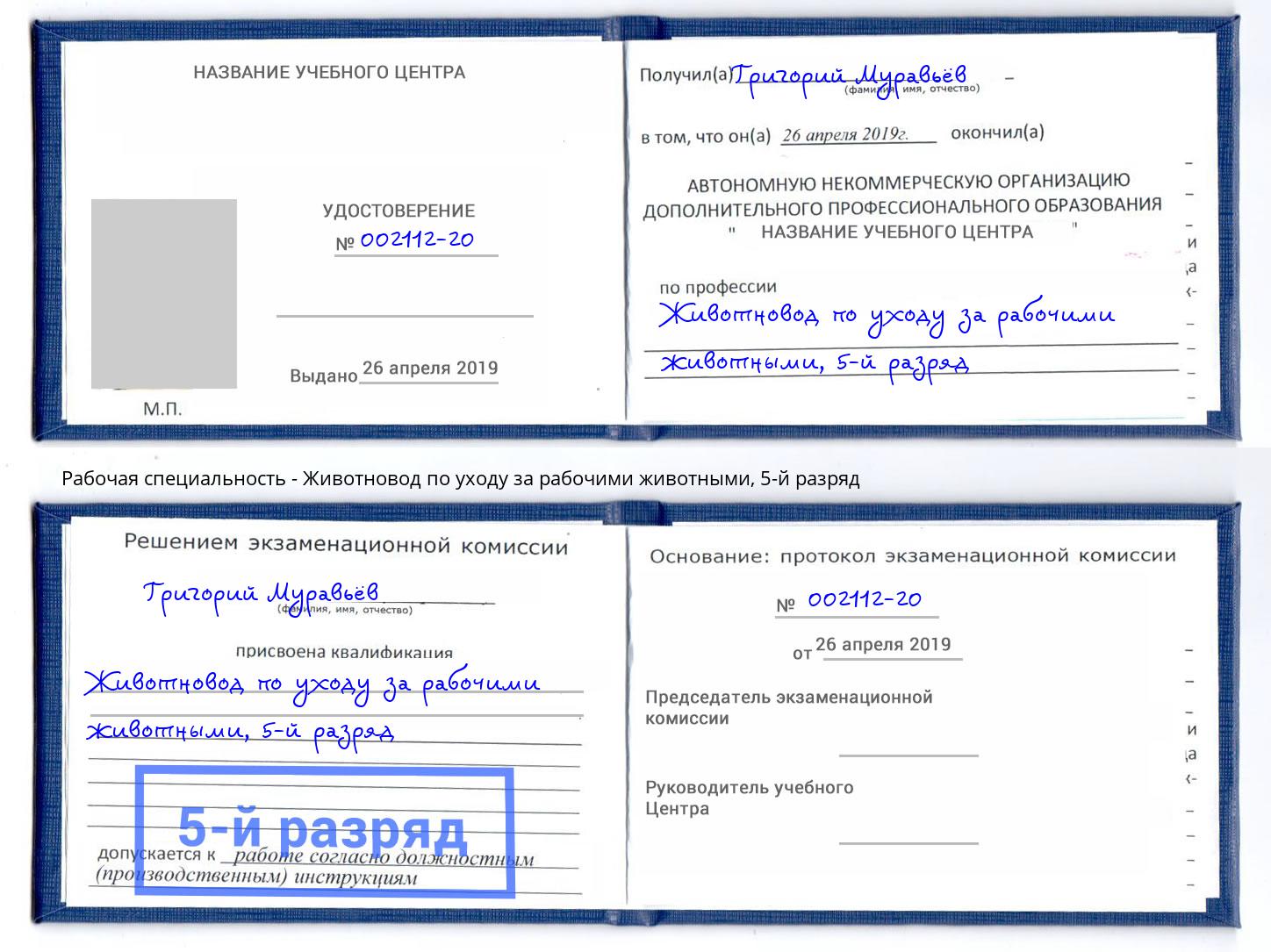 корочка 5-й разряд Животновод по уходу за рабочими животными Бердск
