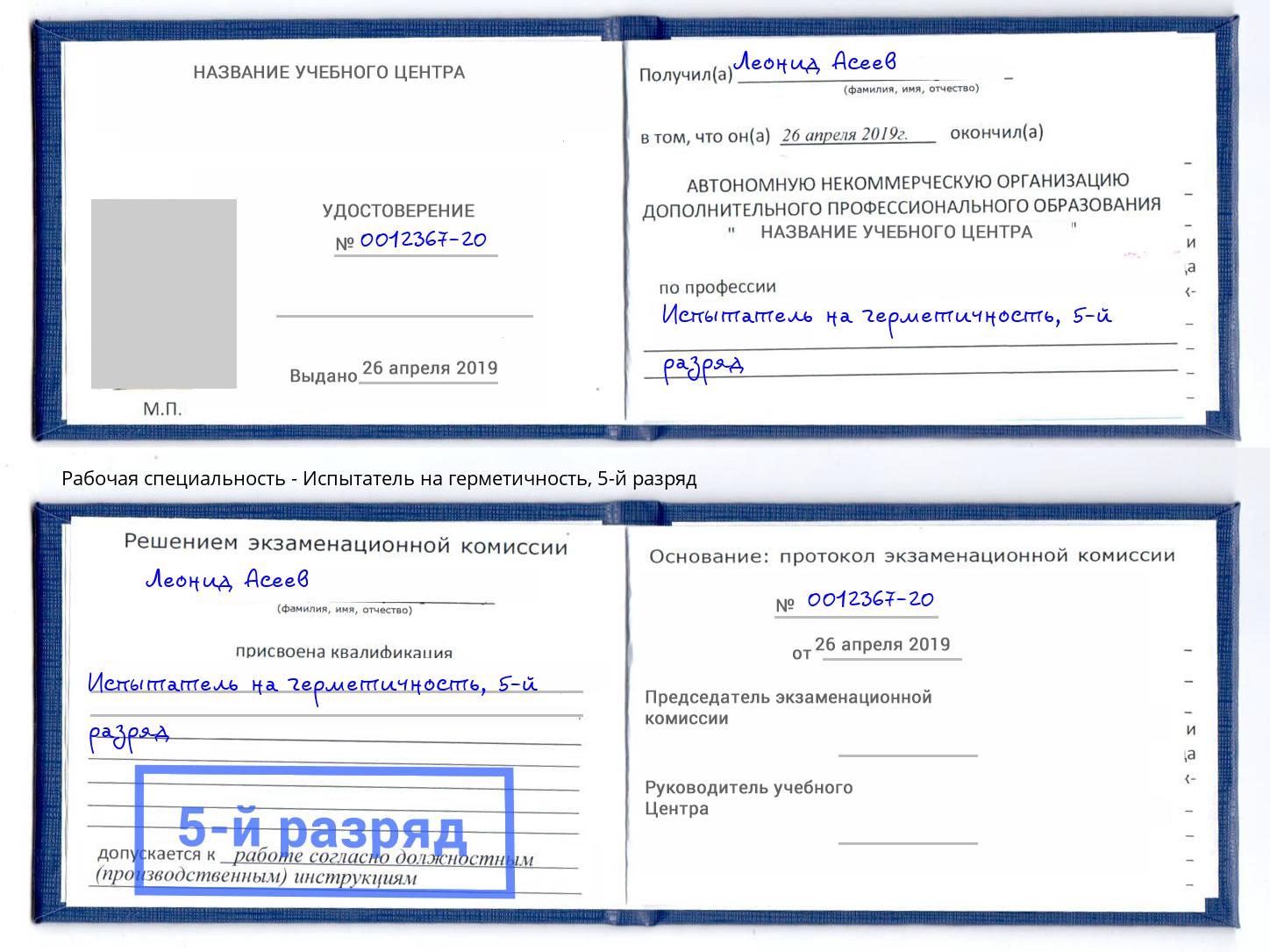 корочка 5-й разряд Испытатель на герметичность Бердск