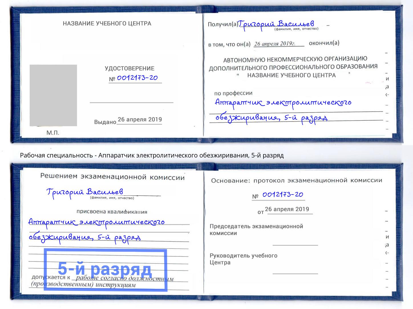 корочка 5-й разряд Аппаратчик электролитического обезжиривания Бердск